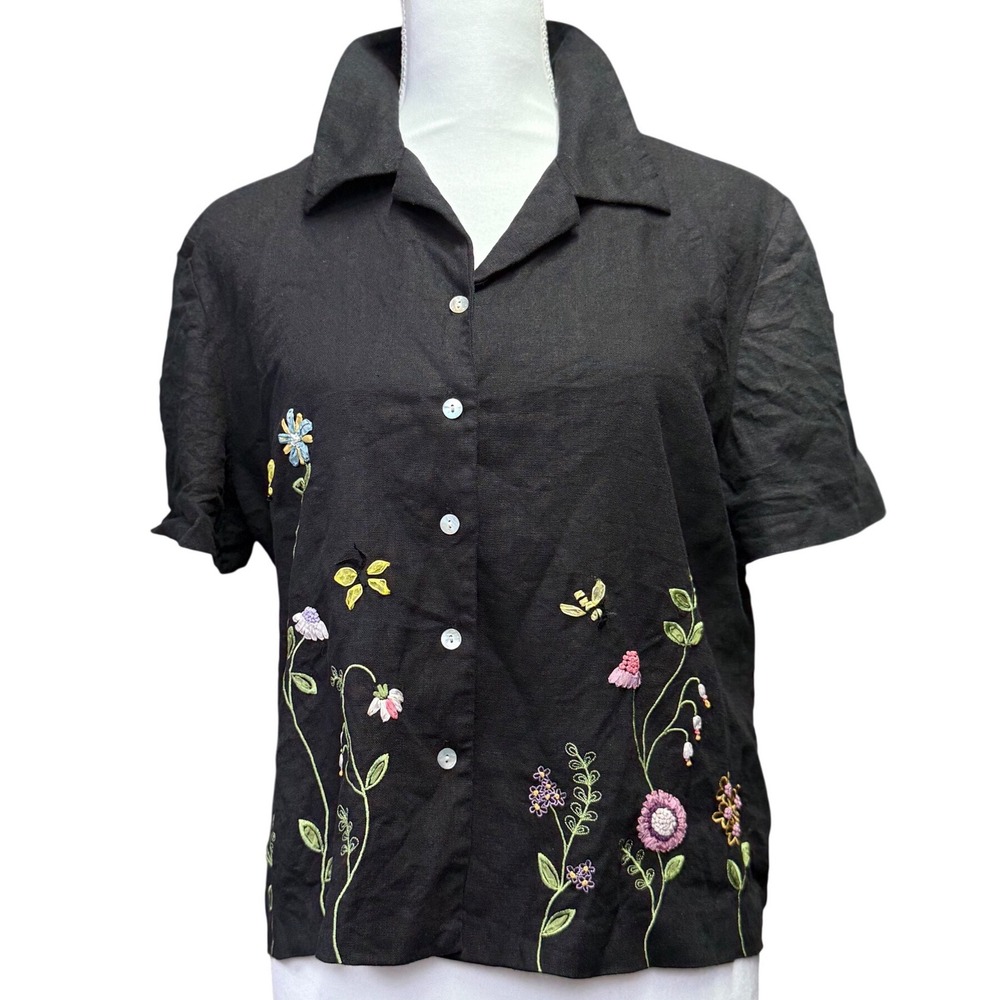 Black Floral Embroidered‎ Button Front Blouse Womens XL Cottagecore
